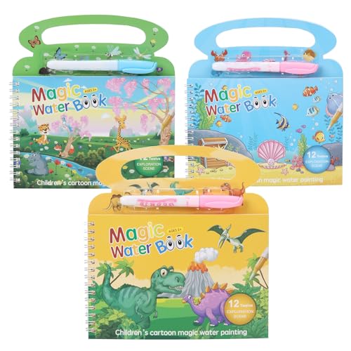 EcoJozon Libro Magico Da Colorare Ad Acqua, 3 Libri Da Colorare Con Acqua Riutilizzabili Con 3 Penne, Water Magic Book Regalo Educativo Bambini 2-6 Anni