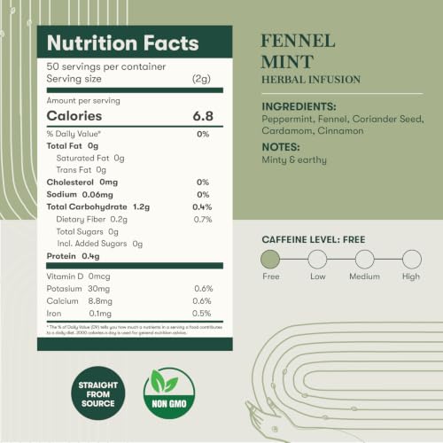 Image of Luxmi Estates Fennel Mint Herbal Tea | Loose Leaf in Resealable Tin Caddy 100g (3.5oz, ~50 Cups) | 5-Herb Ayurvedic Digestive Blend with Fennel, Peppermint, Coriander Seed, Cardamom & Cinnamon, Caffeine-Free