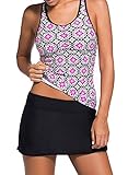 EVALESS Women Two Piece Tankini Top with Skirt Solid Color Sporty Style Beachwear Swimsuit XXL Size Black