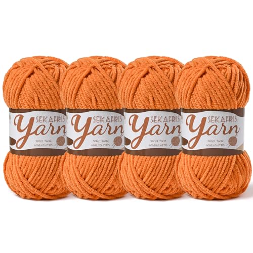 Image of 4 Pack Fluffy Velvet Yarn for Crocheting，Baby Blanket Yarn for Crocheting Soft，200g(262.4yds) Amigurumi Yarns，Plush Chenille Crochet Yarns，Puzzle Yarn for Crochet Weaving Craft(4 Orange)