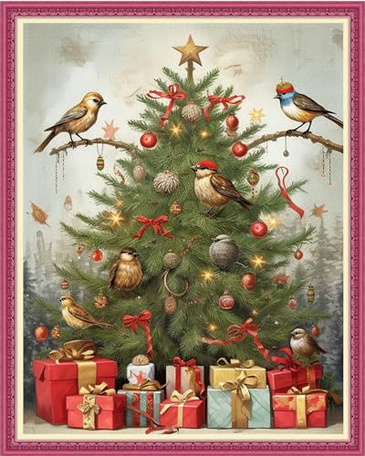 Image of Joyhoor Cross Stitch Kits for Beginners Stamped Cross-Stitch Supplies Needlework preprint Embroidery Kits for Adults DIY Needlepoint Kits Embroidery Patterns 11CT-Christmas Tree Bird 16.x20 inch