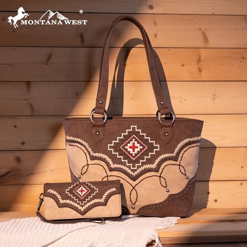 Image of Montana West Aztec Tote Bag for Women Embroidered Western Shoulder Purse and Wallet Set