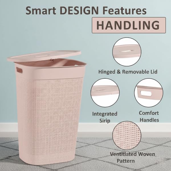 Image of KITCHIVO Plastic Large 55 Ltr Laundry Basket with Lid & Handle | Multipurpose Hamper Bins Storing Washable Clothes, Blankets | Household Ideal for Home & Bathroom (Woods Light Pink Laundry Basket)