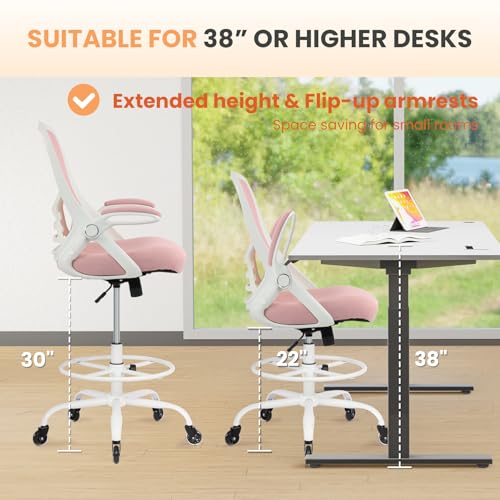 Image of HYLONE Drafting Chair Tall Office, Ergonomic Standing Desk Stool Adjustable Big and Tall Drafting Office Chair with Flip-Up Armrests, Mesh, Pink
