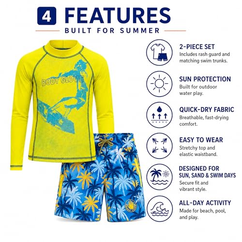 Image of Body Glove Boys Swim Set - 2 Piece Boys Swim Trunks with Rash Guard UV Protection Swimsuit Kids Bathing Suits (Sizes 4-12)