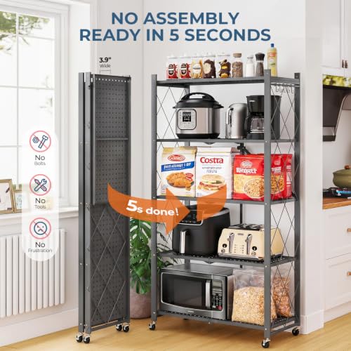 Image of Upgraded 18% Thickened Portable 5-Tier Foldable Storage Shelves with Wheels | Heavy Duty Storage Shelf Collapsible Shelves Unit Display for Garage Storage Kitchen Pantry & Closet Organizer, Grey