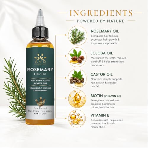Image of AVD ORGANICS Rosemary Oil for Hair Growth & scalp | Infused with Biotin | Hair Strengthening, Nourishing and Volumizing | infused with Jojoba & Castor Oil | NON - GMO 120ml