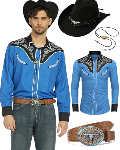 kasahara 4Pcs Mens Cowboy Costume Western Shirts Men with Cowboy Hat Belt Bolo Tie Accessories Western Outfit for Men (blue M)