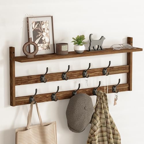 Image of AMBIRD Coat Rack Wall Mount with Shelf, 29 inch Coat Hooks Wall Mounted with 9 Metal Hooks for Entryway, Bathroom, Bedroom, Living Room, Kitchen, 2 Tier Wall Hooks for Clothes, Hat, Towel, Key, Purse