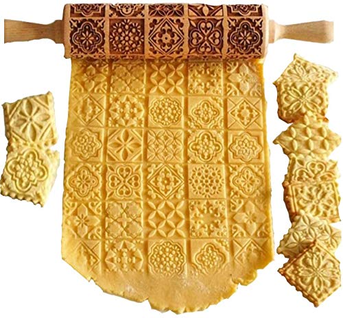 Utopp Nudelholz mit Weihnachtsmotiv, geprägt, Naturholz, Küchenwerkzeug zum Backen von geprägten Plätzchen, geschnitzte Formen für Gebäck, Teig, geprägter Teigroller (43 cm x 5 cm) Cover
