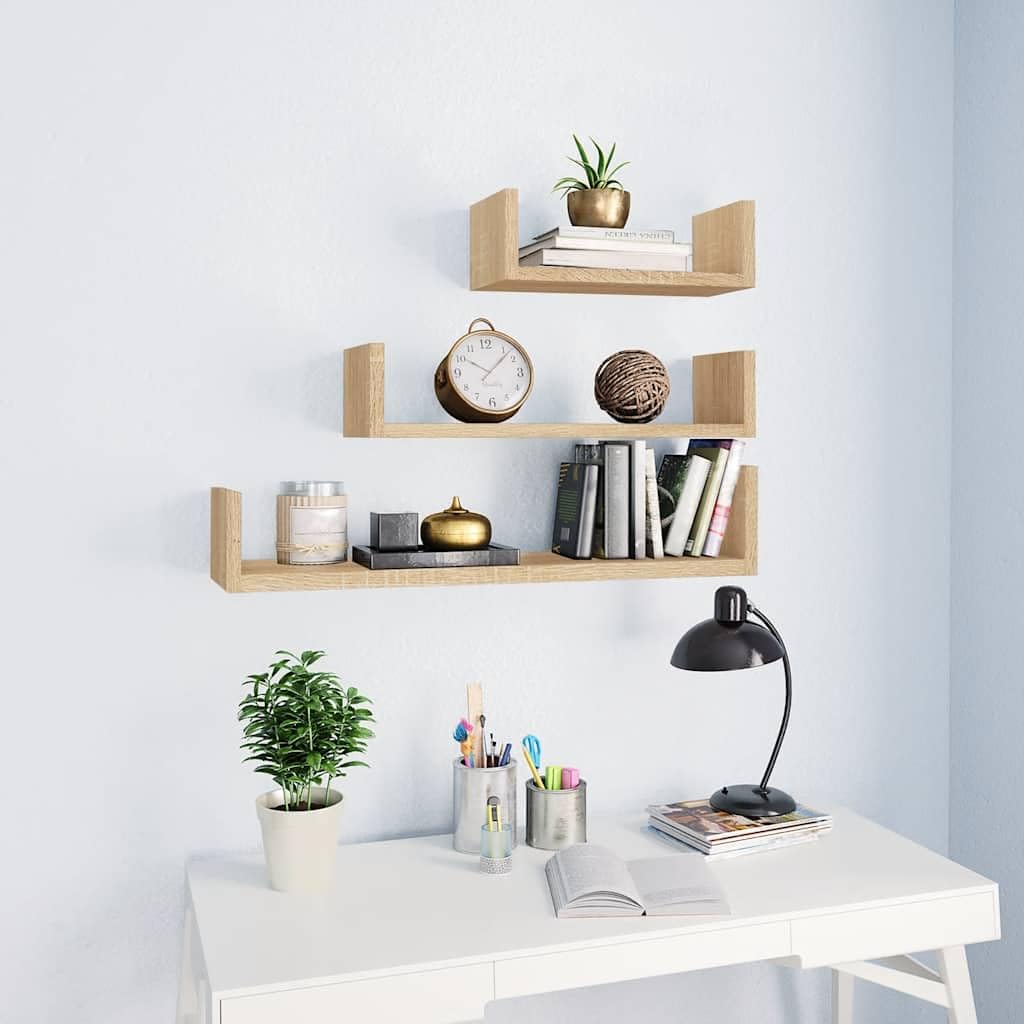 Juego de 3 estantes de pared de roble Sonoma, diseño contemporáneo para salón, dormitorio, cocina, baño, pasillo, oficina, ahorro de espacio, organizador decorativo