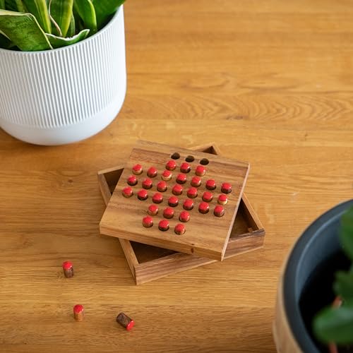 LOGOPLAY Solitär Gr. S - Solitaire - Steckspiel - Denkspiel - Knobelspiel - Geduldspiel - Logikspiel aus Holz - rote Stecker