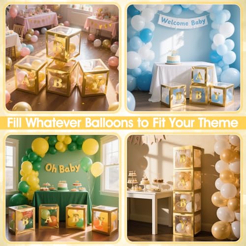 Image of Ledido Baby Boxes with Letters for Baby Shower Decorations, 4 pcs Clear Balloon Boxes with Letters for Boys Girls Gender Reveal Decorations Birthday Wedding Backdrop Party (Gold)