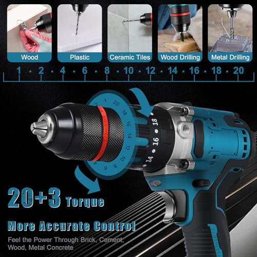 Akku Bohrschrauber kompatibel mit Makita 18V Akku, 1350RPM Bürstenloser Schlagbohrer mit 20+3 Kupplung, 120N.m Drehmoment, 13mm Bohrfutter, Schraubendreher und Bohrer Set für Haus und DIY – Bild 3