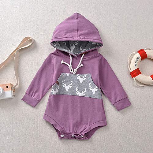Calsunbaby Newborn Baby Boy Girl Long Sleeve Deer Romper Pullover Hooded Tops Pants 2Pcs Sweatshirt Outfits Set (Purple, 6-12 Months) #TOP2