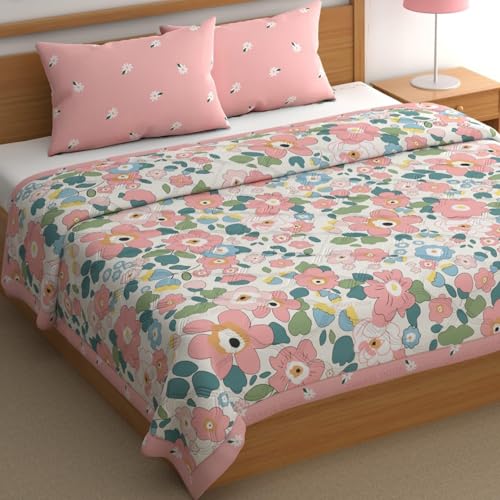 Image of DECOMIZER Super Soft Glace Cotton King Size AC Comforter II Blanket II Duvet for Double Bed with 1 Flat Bedsheet and 2 Pillow Cover - 4 Piece Comforter Set - Pink Flower-300 TC