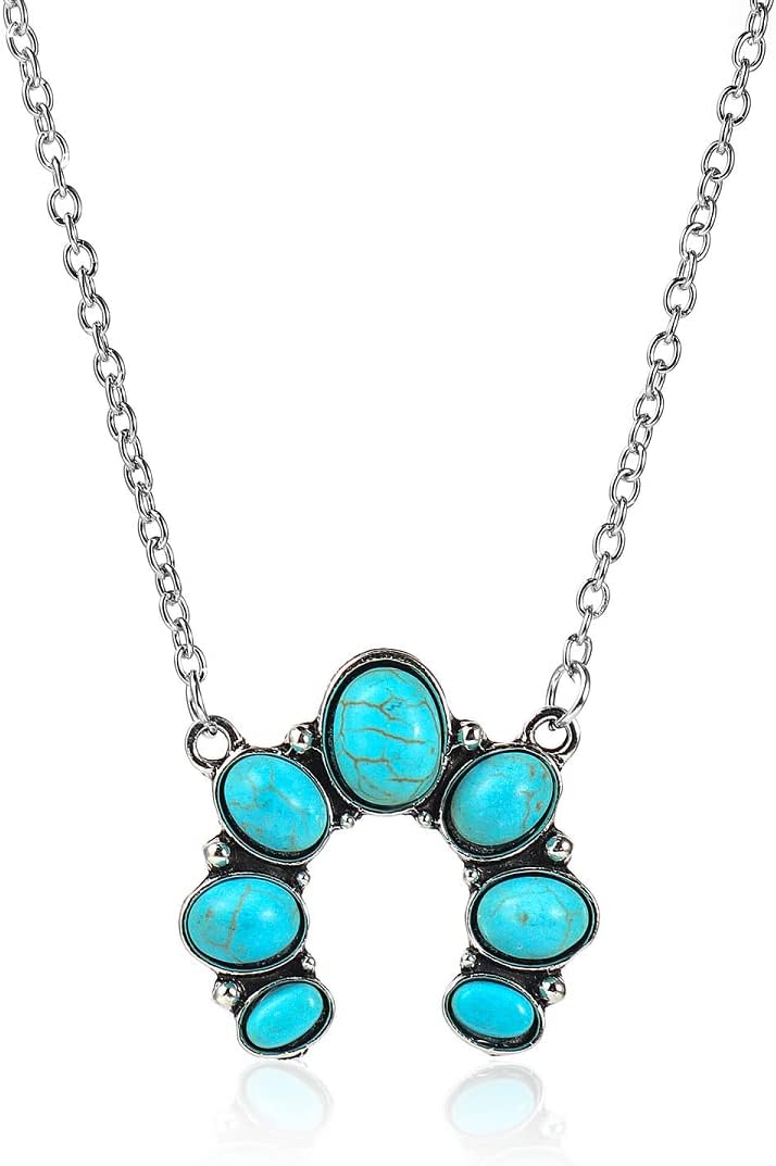 Pingyongchang Natural Turquoise Necklace Boho Bead Silver Cross Vintage Statement Pendant Necklace Handmade Turquoise Western Necklaces Jewelry for Women