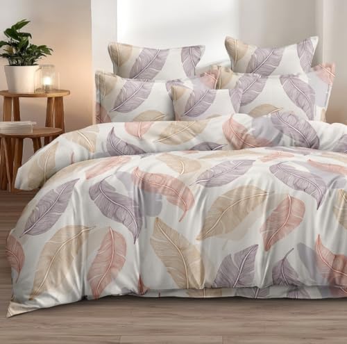 Image of DECOR2ADMIRE Super King Size Premium Bedsheet 108 x 108 Inches | 300 Thread Count | Glace Cotton | with 2 Pillow Covers | Abstract Prints | (Pastel Leaf)