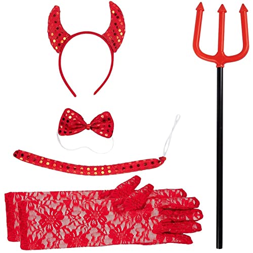 BLUE PANDA 5 Piece Devil Halloween Costume for Girls Ages 6-14 with Red Horned Headband, Bow Tie, Tail, Pitchfork, and Gloves, Complete Girls Devil Costume Set for Halloween Parties and Dress-Up