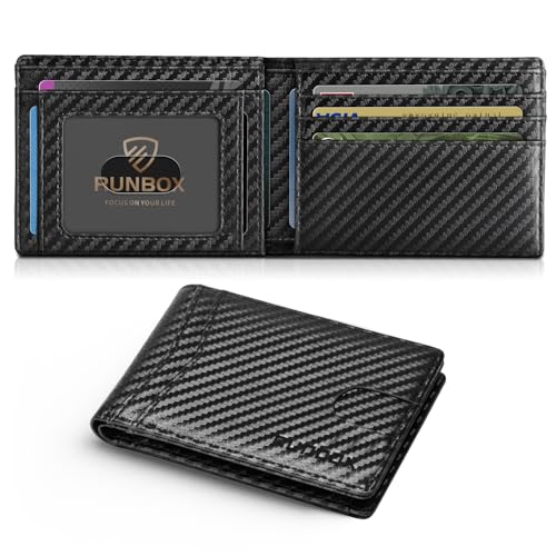 Image of RUNBOX Wallet for Men Slim Leather Bifold RFID Blocking Minimalist Front Pocket Design with Gift Box | Minimalist Front Pocket Design, Holds 8 Cards, RFID Protection, Gifts for Men on Birthdays, Father's Day, and Christmas