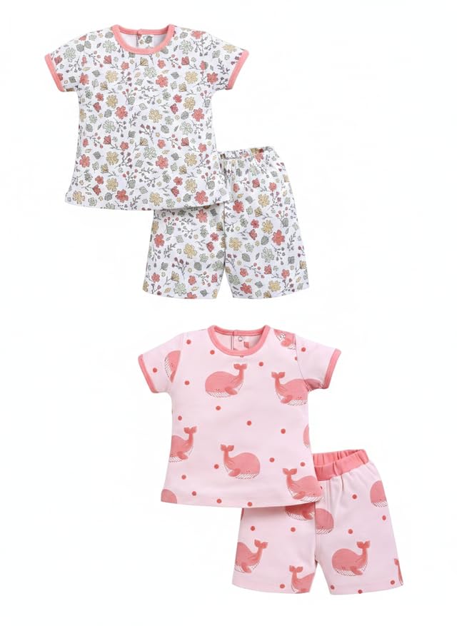 Image of Baby Girls 100% Cotton Printed Half Sleeve T-shirt & Short Summer Clothing Sets (Pack Of 2)