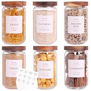 6 Set Glass Pantry Storage Jars with Acacia Airtight Lid – 23oz Thicken Glass Kitchen Canisters with 132 Pantry Labels – Clear Glass Food Storage Containers with Wood Lid for Tea,Sugar,Cookie,Coffee