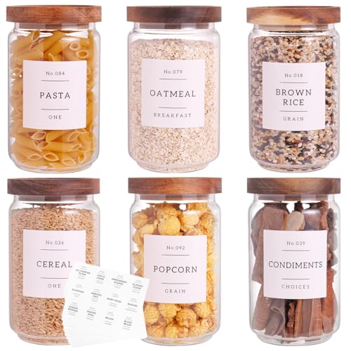 6 Set Glass Pantry Storage Jars with Acacia Airtight Lid – 23oz Thicken Glass Kitchen Canisters with 132 Pantry Labels – Clear Glass Food Storage Containers with Wood Lid for Tea,Sugar,Cookie,Coffee