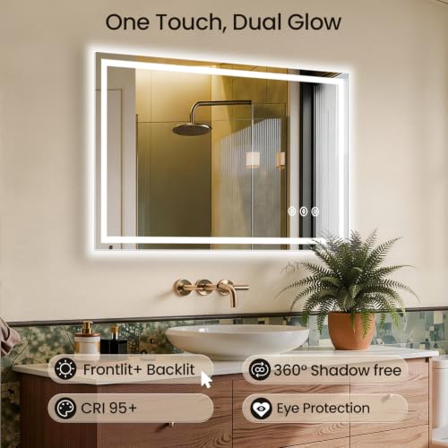 Image of 48x40 LED Bathroom Mirror with Anti-Fog, Backlit & Front Lit, Memory | Stepless Dimmable 3 Color CRI 95+ Shatterproof Tempered Glass ETL Listed for Safety Lighted Bathroom Vanity Mirror for Wall