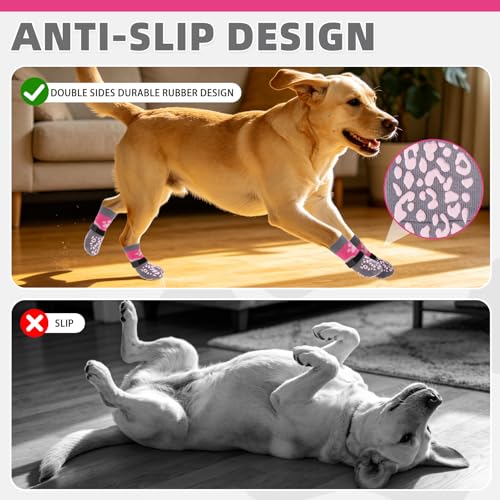 Image of Mihachi Anti Slip Dog Socks, Dog Boots for Hot /Cold Pavement for Hardwood Floors Prevent Licking, Traction Control Waterproof Rubber Sole Paw Protectors for Small Medium Large Senior Dogs, Pink L