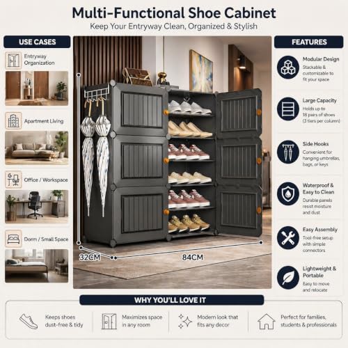Image of Mevigo Plastic Shoe Rack for Home with Door | 12-Tier Stackable Shoe Organizer | Holds 24 Pairs |Waterproof & Dustproof | DIY Modular Shoe Cabinet |Chappal Slipper Stand for Bedroom -HA2