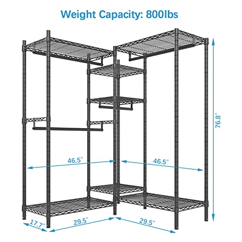 Vipek L6 Heavy Duty Clothes Rack L Shape Clothing Rack 5-Tier Wire Garment Rack Freestanding Closet With 7 Adjustable Shelves & 4 Hanging Rods, 46.5" L X 46.5" W X 76.8" H, Max Load 800Lbs, Black #TOP4