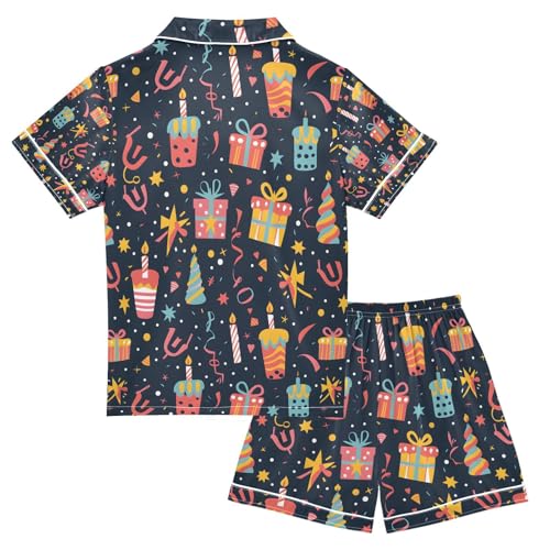 senya Happy Birthday Cake Satin Summer Pajama Sets Silk Short Sleeve Button Down Sleepwear2