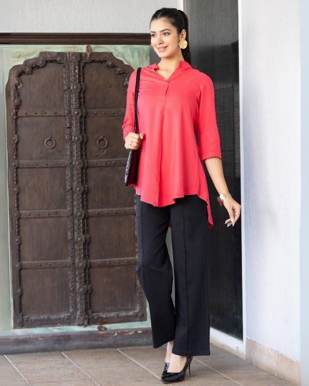 Image of Mlada Rayon Flare Top for Women | 3 /4th Sleeve Regular Fit and Flare Top | Women Office Tops Tunic | Western Long Shirt Top for Women | Shirt Collar Top for Women | Rayon Tunic Tops for Women Western