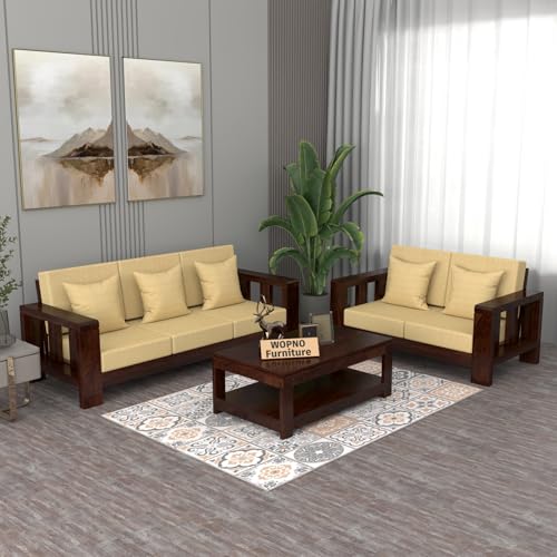 Image of Solid Sheesham Wood Sofa Set 5 Seater for Living Room | Wooden 5-Person Sofa Set for Home Office | 3+2 Sofa Sets for Living Room | (Walnut, 5 Seater)