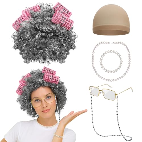Huskein Old Lady Costume for Girls 100 Days of School Costume for Kids Old Lady Wig Glasses Wig Cap Necklace Bracelet Accessories