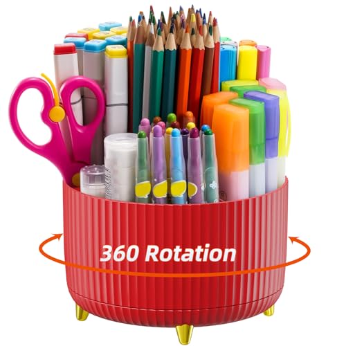 Image of Marbrasse Desk Organizer, 360-Degree Rotating Pen Holder for Desk, Desk Organizers and Accessories with 5 Compartments Pencil Organizer, Art Supply Storage Box Caddy for Office, Home (Red)
