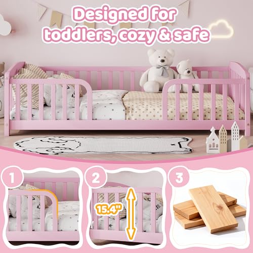 Image of Bellemave Twin Size Montessori Floor Bed Frame with High Fence, Solid Wood Kids Floor Bed with Central Entrance, Low Profile Bed for Boys & Girls, Rounded Corner Design,Pink
