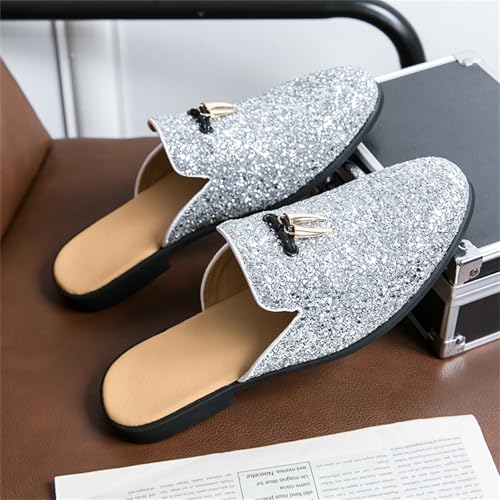 Men's Rhinestone Slip-On Leather Lined Smoking Mules Slippers Flats with Buckle Sparkling Round Toe Comfortable Backless Half Loafers for Casual Formal Party Events Wedding3