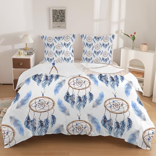 HYSNKSM Housse de Couette 200x200 Parure de Lit 2 Personnes Blanc Bleu Botaniques 2 Taies 65x65 cm Attrape-RêVes Plumes Literie Confortable Doux & Respirant Fermeture...