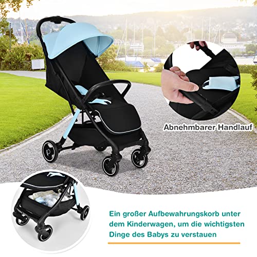 GOPLUS Zusammenklappbarer Kinderwagen, Buggy mit Verstellbarer Rückenlehne & Fußstütze & Bremse, 5-Punkt-Gurt, Einhändiges Sammeln, Vordach mit Fenstern, Aufbewahrungstasche, für 0-3 Jahre (Blau)