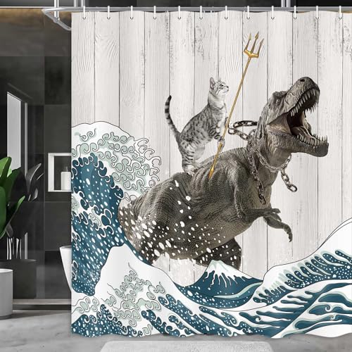 Image of Boziqr Funny Cat Shower Curtain, Cool Cat Dinosaur Japanese Ocean Wave Decor Fabric Bathroom Curtains, Kids Children Rustic Wooden Farmhouse Shower Curtain, 70X70 Inches