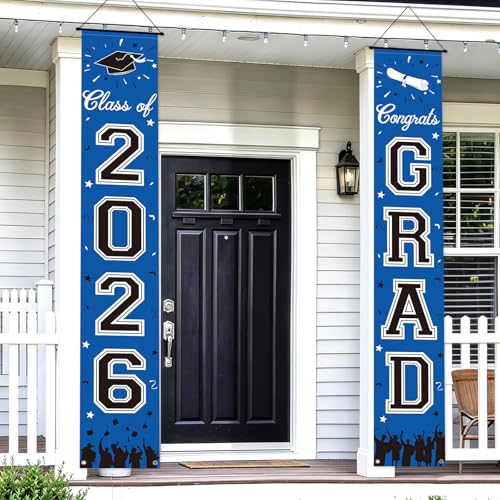 Image of 2026 Graduation Decorations, Royal Blue Graduation Banner Class of 2026, Hanging Congratulations /Congrats Grad Porch Banner for Door Schools Grad Party Decorations Navy Blue