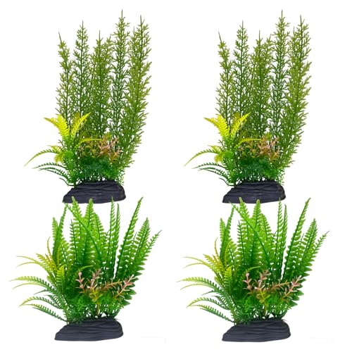 LANCARE 4pcs Plantes Artificielles pour Aquarium, Grandes Plantes Vertes en Plastique, Décoration d'Aquarium avec Base en PVC, 2x28cm et 2x18cm