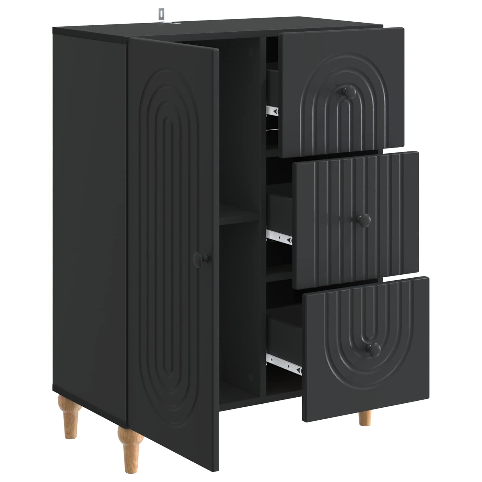 Credenza nera, 66 x 34,5 x 90 cm, in legno con 3 cassetti e porta basculante a 90°, comò versatile per soggiorno, sala da pranzo, corridoio, ufficio