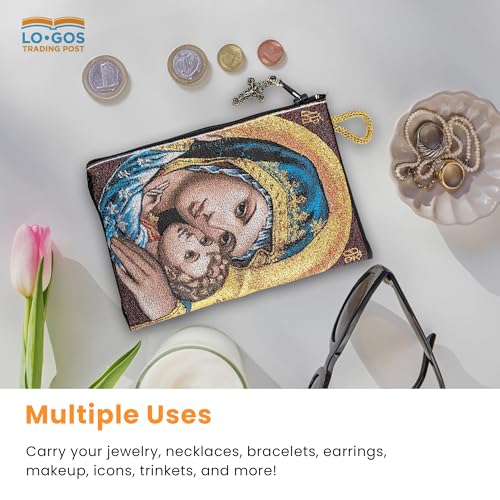Image of TREE OF LIFE REV. 22:14 Catholic Rosary Pouch, 4 inch x 6 inch Jewelry & Coin Purse with Cross, Small Woven Tapestry Icon Bag, Bolsa de Rosario Catolico para Joyeria, Madonna and Child & Glory Be to the
