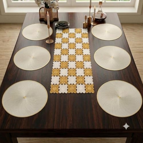 Image of Dakshya Industries PVC Waterproof Round Table Placemat & Table Runner Combo Set | 6 Round Table Mats (38 x 38 cm) + 1 Table Runner | Heat Resistant, Washable, Non Slip Dining Table Decor (Luxent)