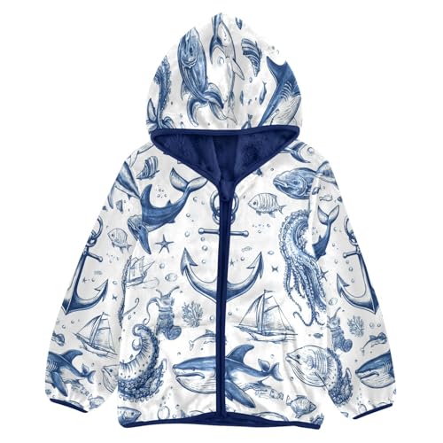 Cartoon Marine Pattern Toddler Fleece Jacket Girl Boys Hooded Fleece Jacket Coat Warm Outwear Zip-up 3-10T
