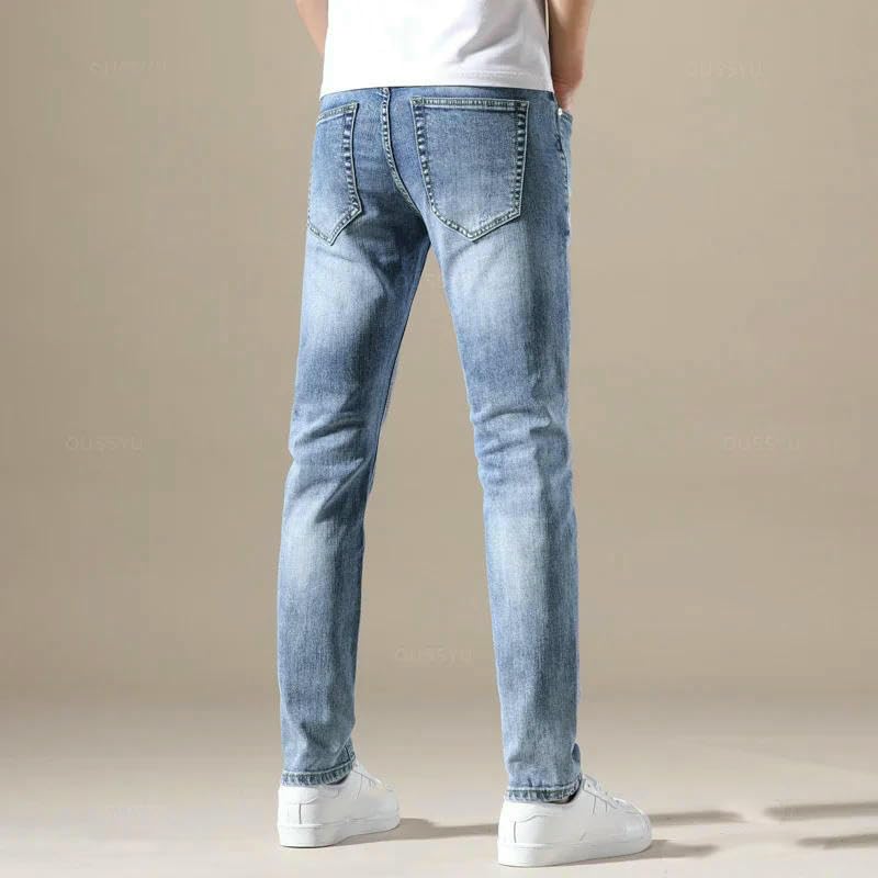 Men’s Slim Fit Stretch Jeans Lightweight Tapered Denim Pants Faded Wash Casual Streetwear3