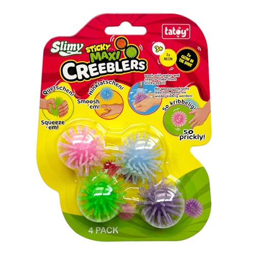 Tatoy Slimy Sticky Maxi Creeblers – Os crabbler de parede pegajosos originais 2 x néon e 2 GID de tamanho máximo, corredores de janela pegajosos, Sensory Antistress Fidget para crianças (a partir dos