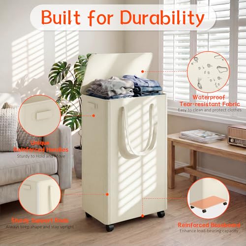 Image of Slim Laundry Hamper with Wheels,20 Gal (75L) Rolling Laundry Basket with lid and wheels Clothes Hamper Foldable Tall Dirty Clothes Basket Sturdy Collapsible Clothes Hamper for Dorm,Laundry Room